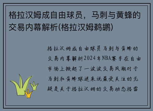 格拉汉姆成自由球员，马刺与黄蜂的交易内幕解析(格拉汉姆鹈鹕)