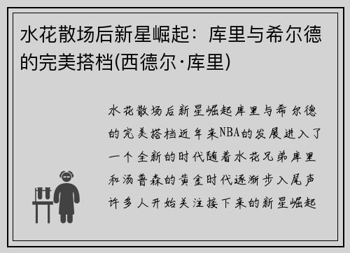 水花散场后新星崛起：库里与希尔德的完美搭档(西德尔·库里)