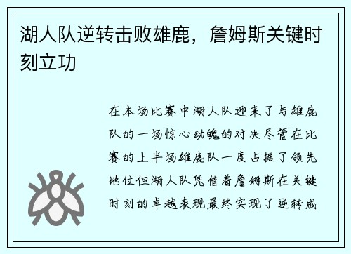 湖人队逆转击败雄鹿，詹姆斯关键时刻立功