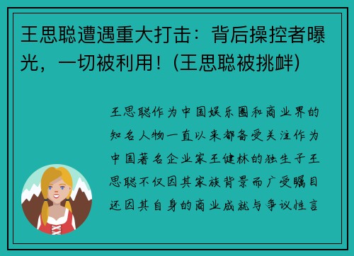 王思聪遭遇重大打击：背后操控者曝光，一切被利用！(王思聪被挑衅)