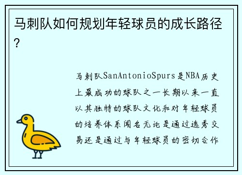 马刺队如何规划年轻球员的成长路径？